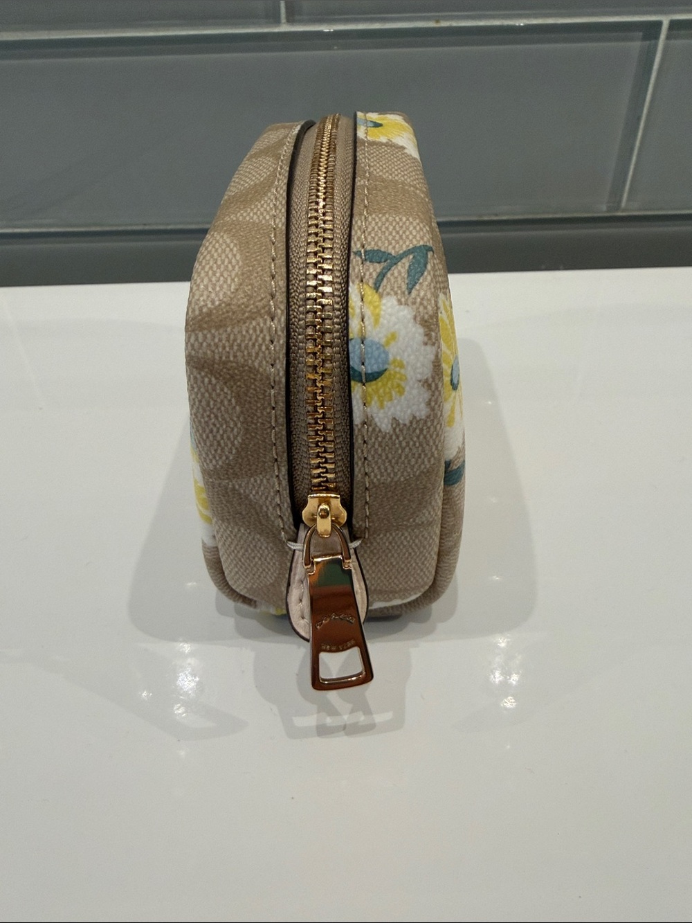 Coach Beige Floral Signature Cosmetic Pouch with Yellow Accents - Picture 4 of 8